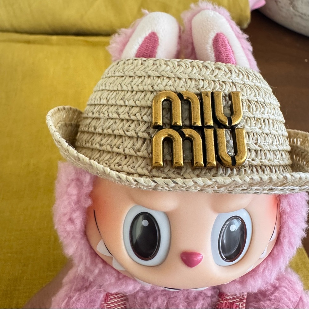 Miu Miu Pink labubu Plush Toy with Straw Hat
